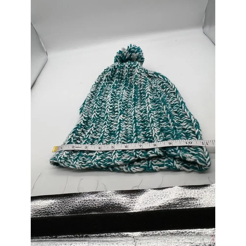 Knit Woven Chunky green white Beanie Knit Pom Pom‎ Hat Boho Outdoors Medium
